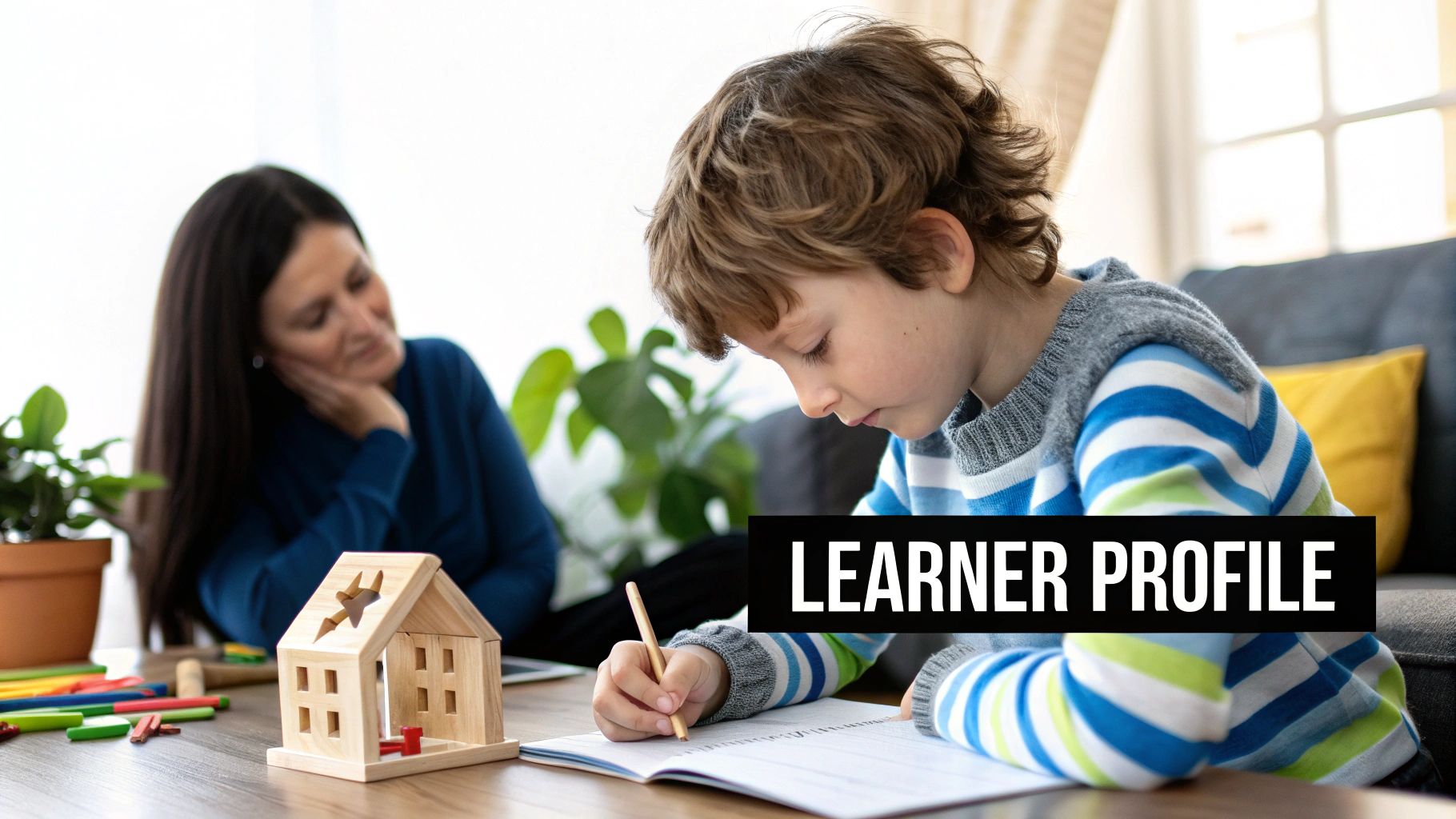 A young boy writes in a notebook at a table, supervised by an adult woman, with "LEARNER PROFILE" text.