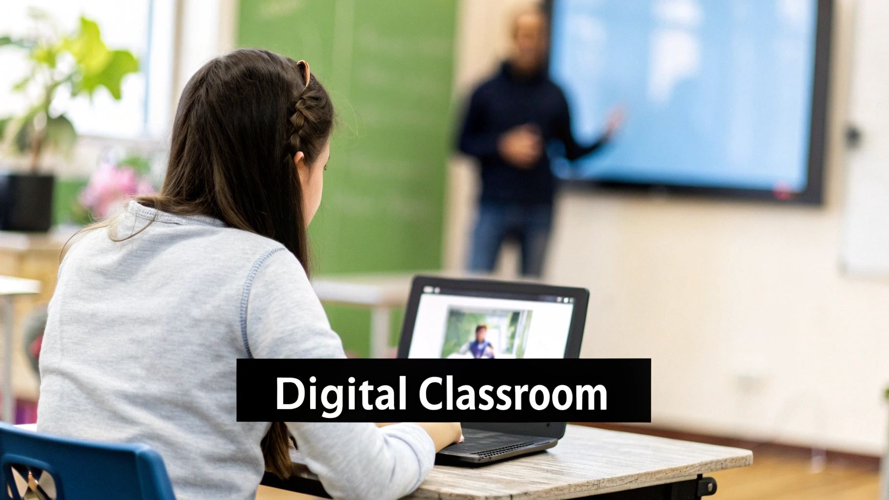 A student uses a laptop in a modern digital classroom with a teacher at the front.