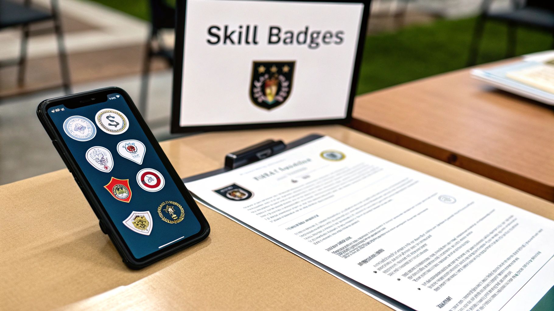 A smartphone displays various digital skill badges next to a document and a 'Skill Badges' sign.