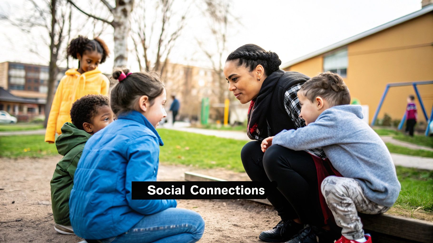 An adult woman crouches, engaging with diverse young children in an outdoor park setting.
