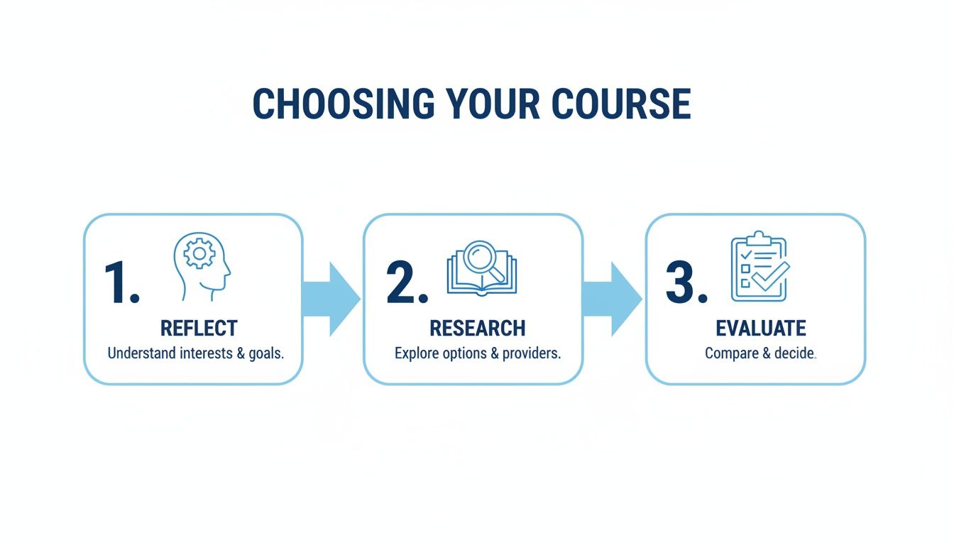 Infographic illustrating a three-step guide to choosing your course: reflect, research, and evaluate.