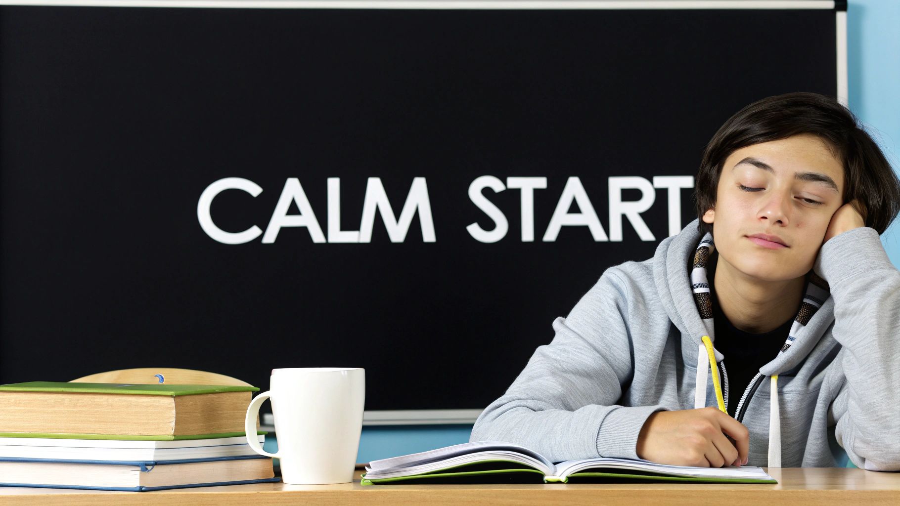 A student looking thoughtful while studying at a desk with books and a laptop.