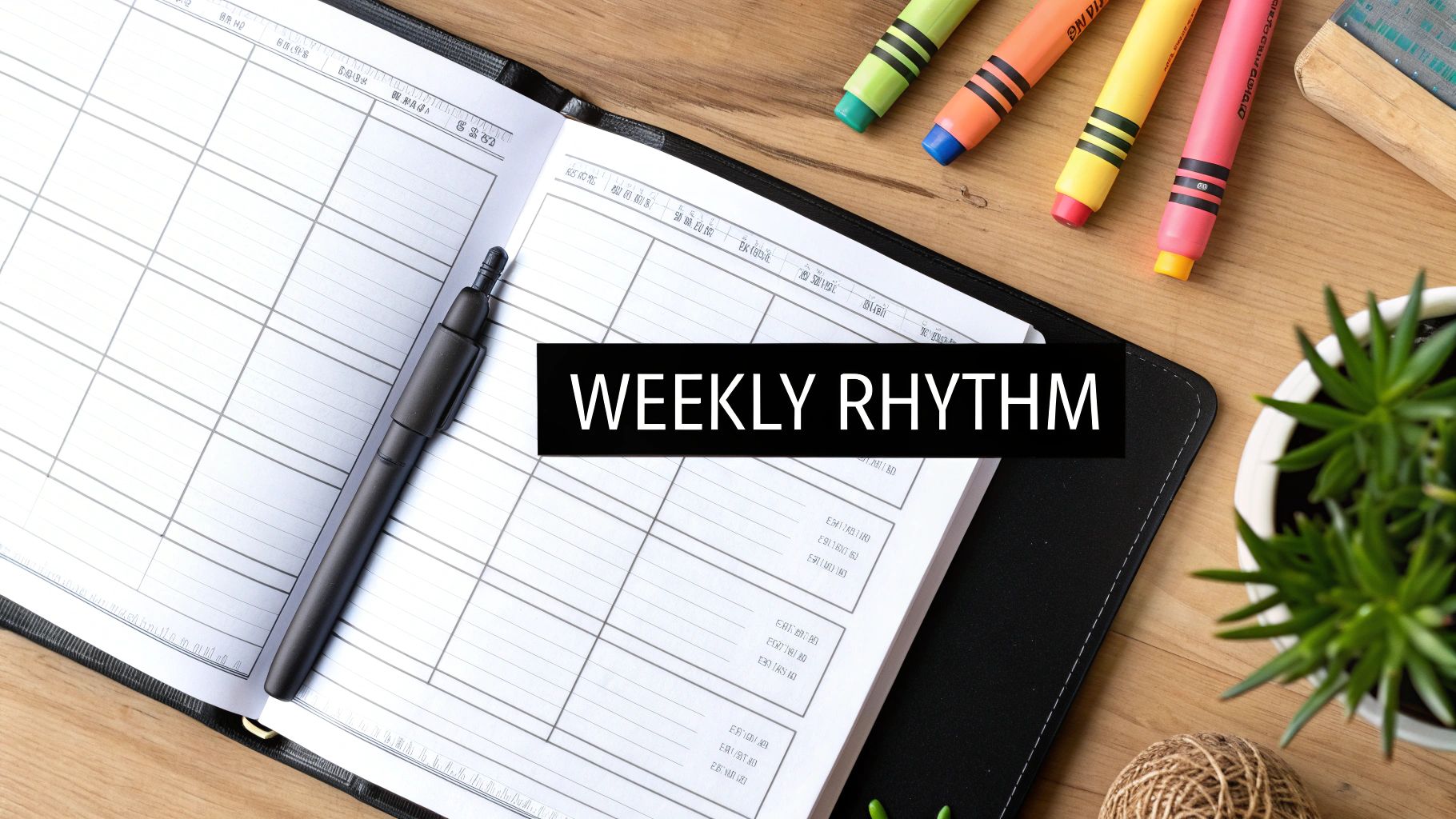 A beautifully arranged weekly planner on a wooden table, surrounded by colourful pens, leaves, and a cup of tea.