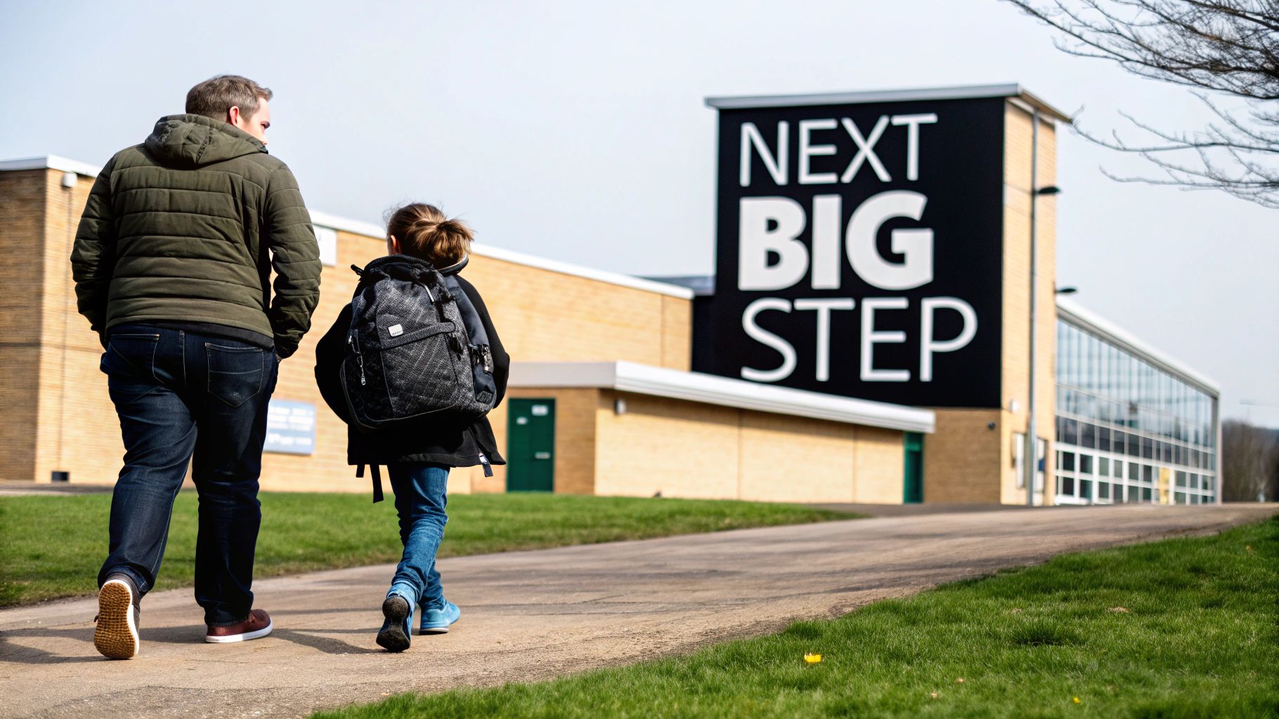 An adult and child walk towards a building with 'NEXT BIG STEP' sign, implying a school transition.