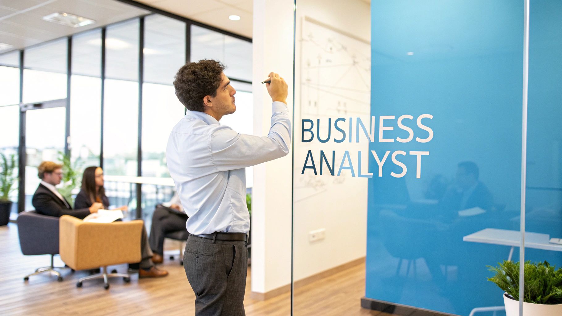 A male business analyst writes on a clear glass whiteboard in a modern office.