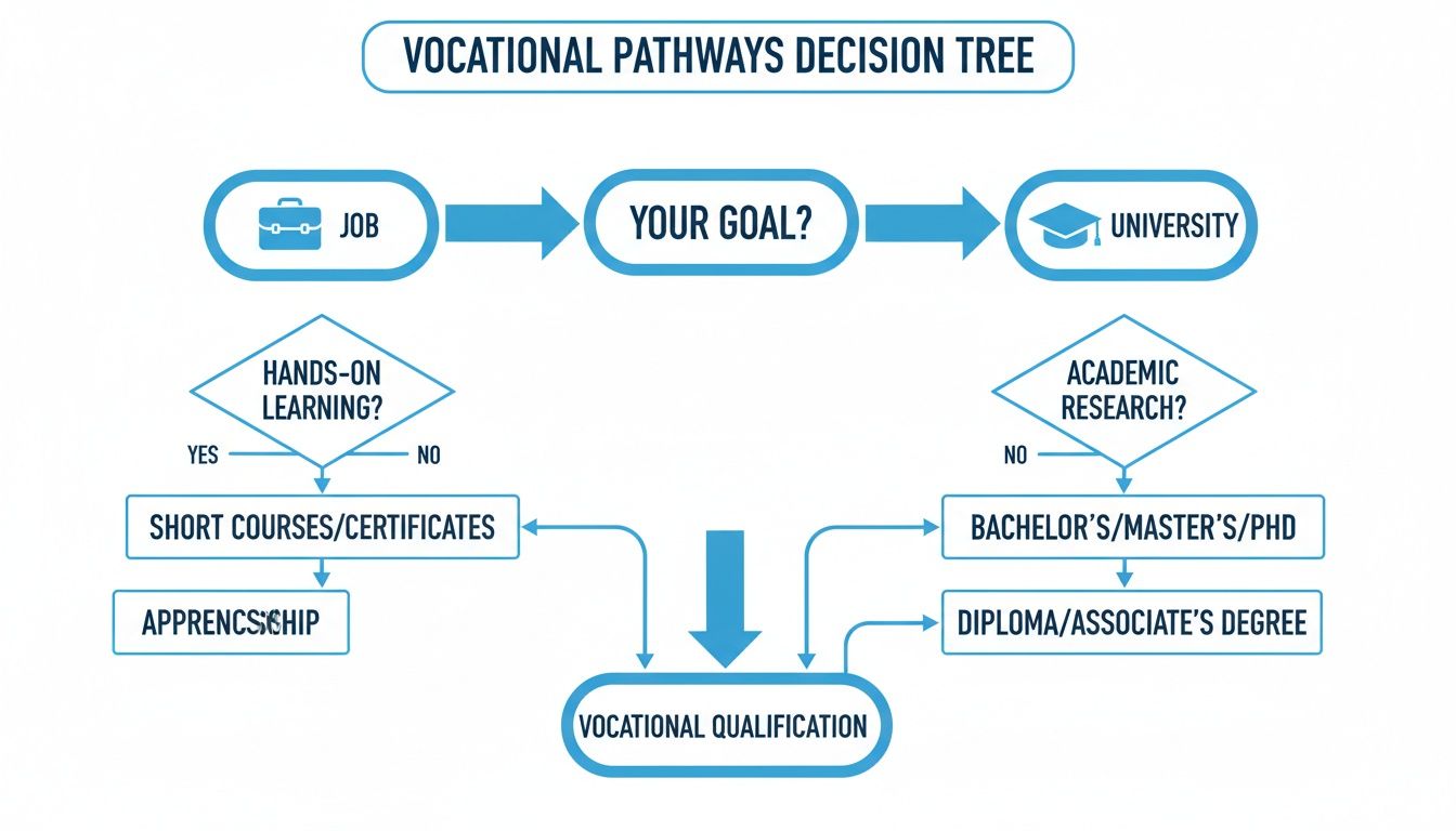 A detailed flowchart illustrating vocational education pathways, showing options for job or university goals and qualifications.