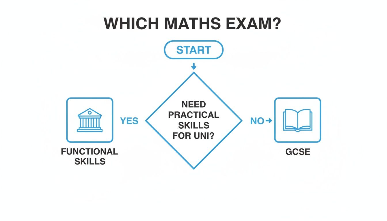 A flowchart guiding the choice between Functional Skills and GCSE maths exams based on university practical skills requirements.