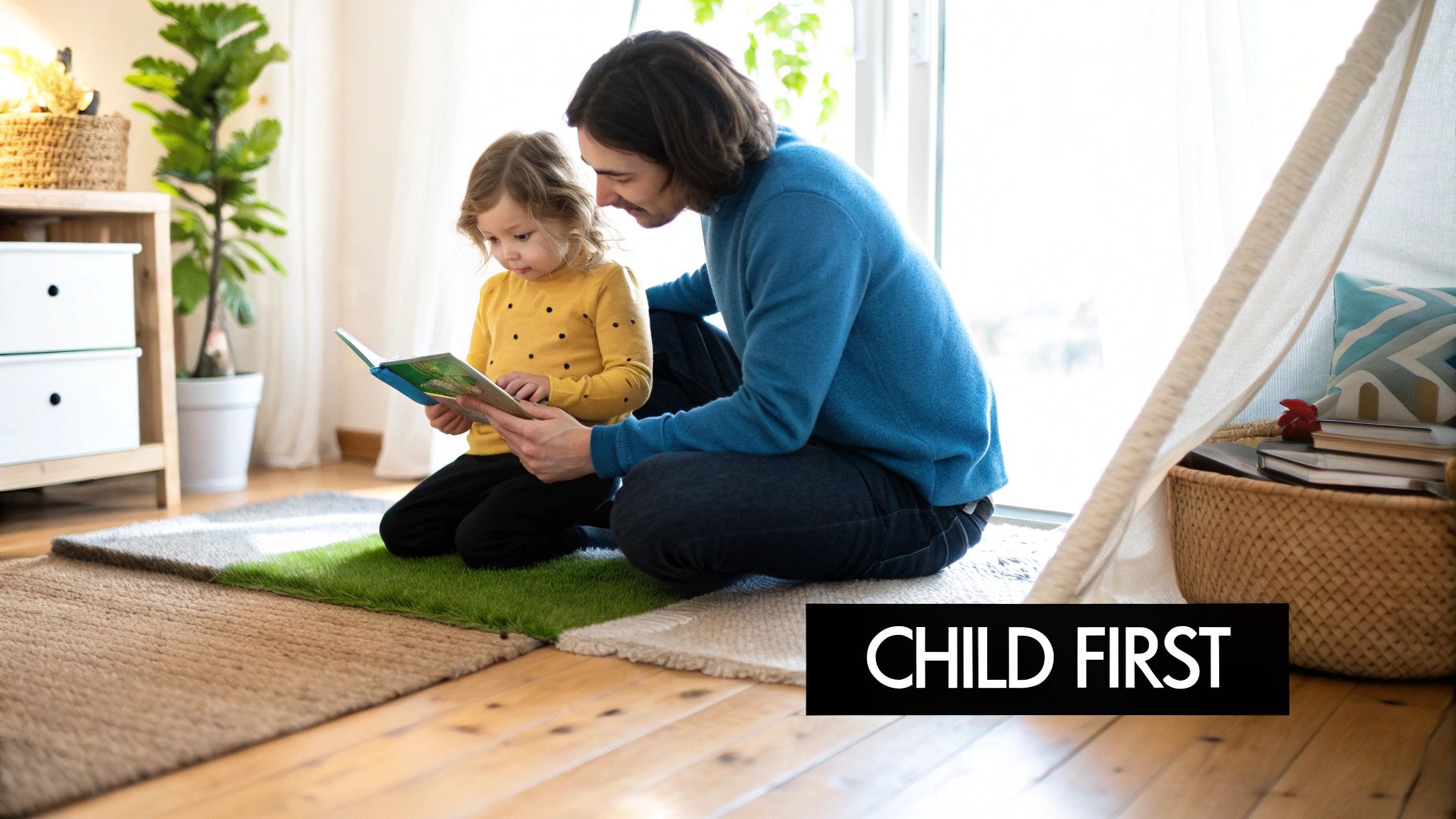 A father and child sit on the floor, smiling and reading a book together in a bright room.