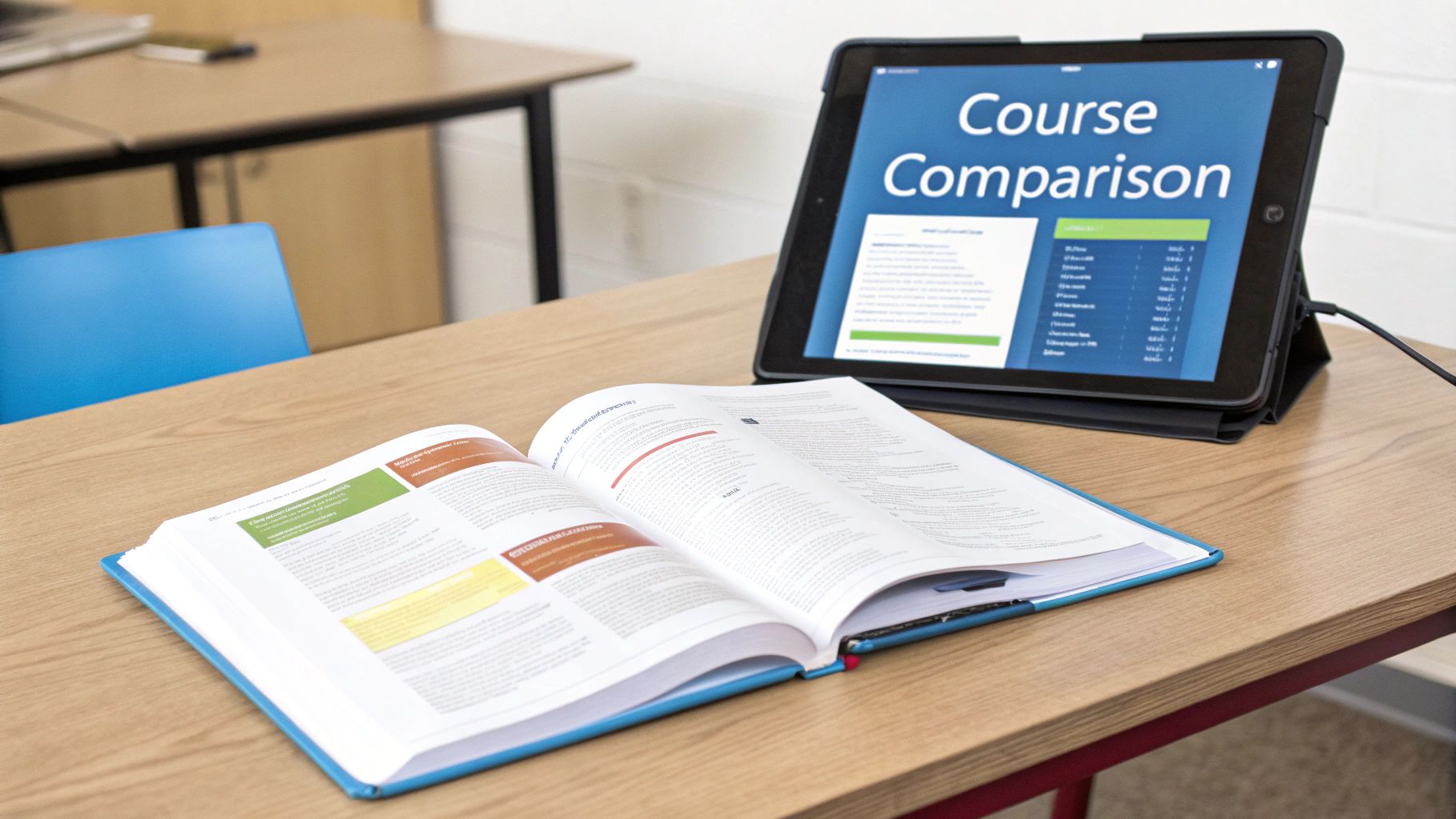 An open textbook and a tablet displaying 'Course Comparison' on a wooden desk in a classroom.