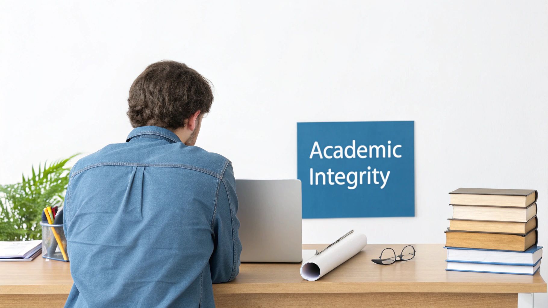 A student works on a laptop at a desk, with an 'Academic Integrity' sign on the wall.