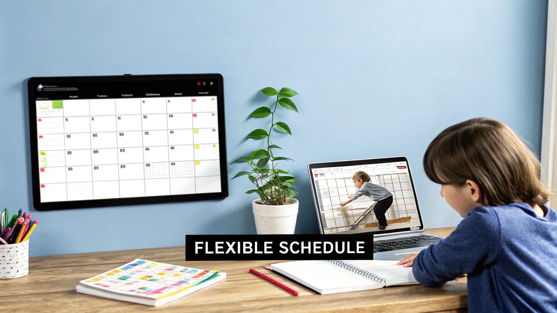 A young student manages their schedule on a digital tablet, sitting in a comfortable home setting, illustrating the flexibility of homeschooling.