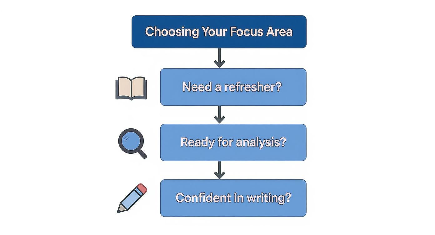 Infographic showing a decision tree for choosing a focus area in an online GCSE English course.