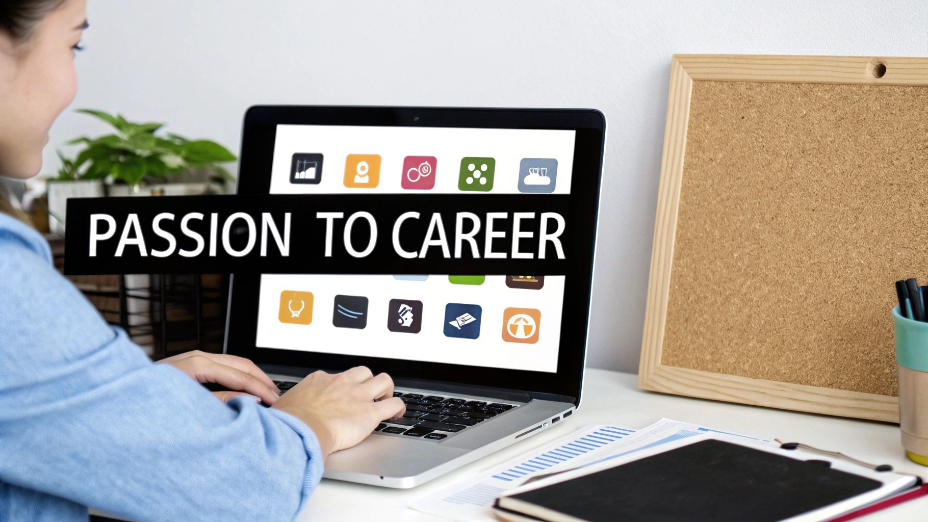 Woman typing on a laptop with 'PASSION TO CAREER' displayed on the screen, showing career icons.