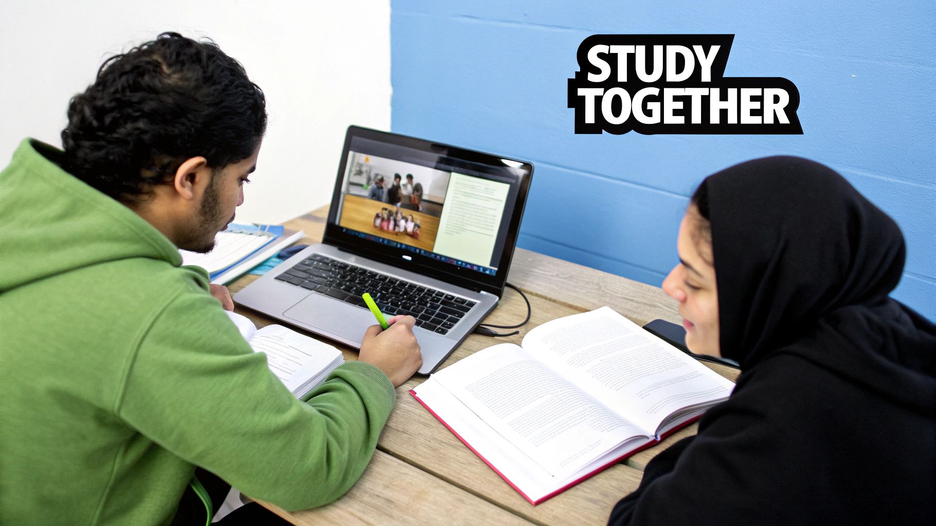 Two students, a male and female, studying together at a table with a laptop and books.