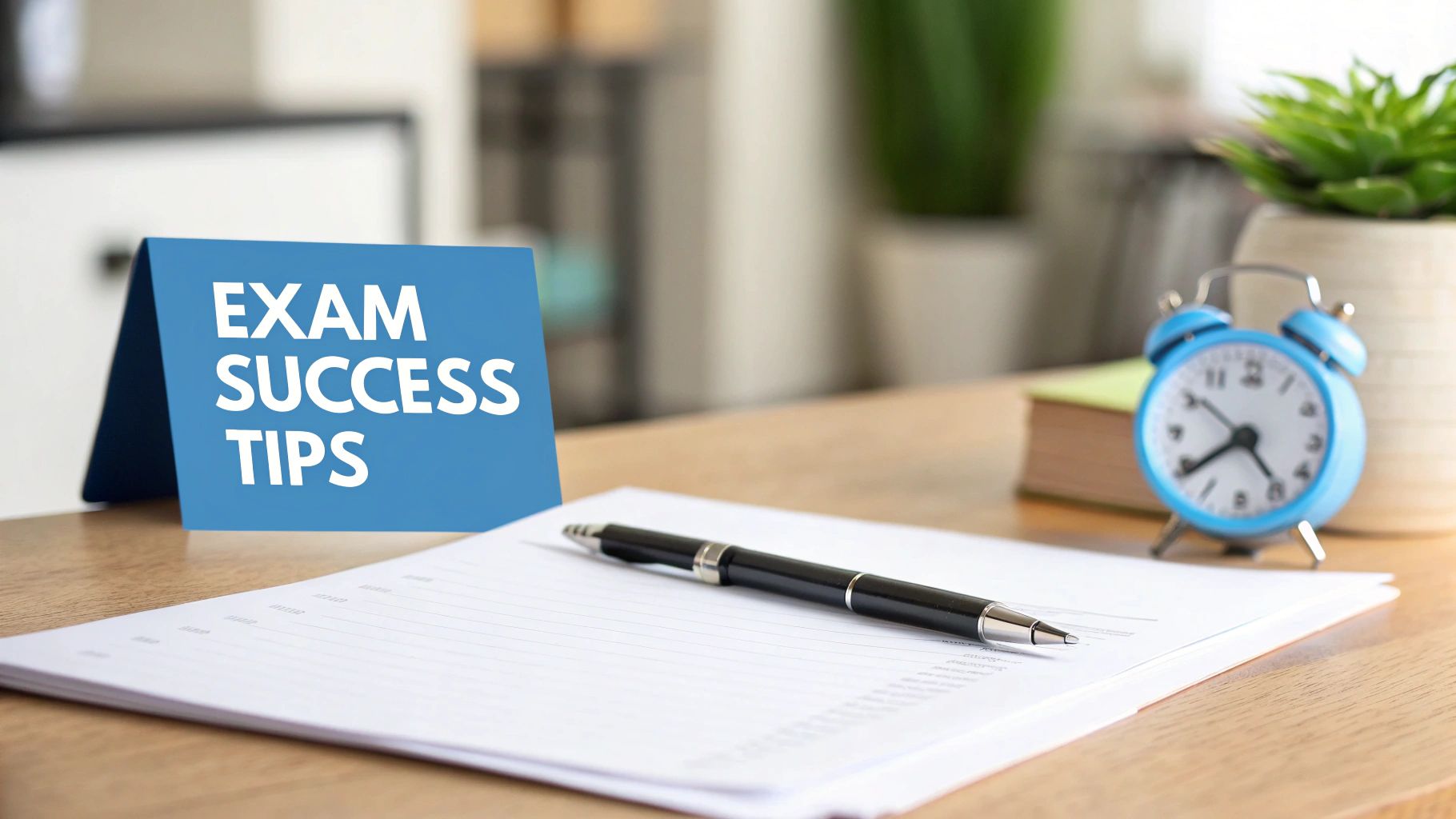 A desk with an 'EXAM SUCCESS TIPS' sign, pen, papers, and an alarm clock, symbolizing exam preparation.