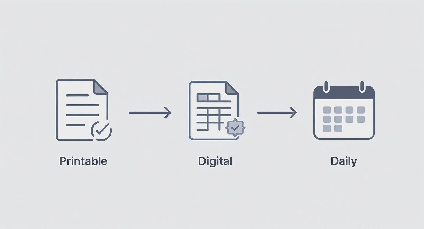 An infographic showing a printable document transforming into a digital file and then into a daily calendar.