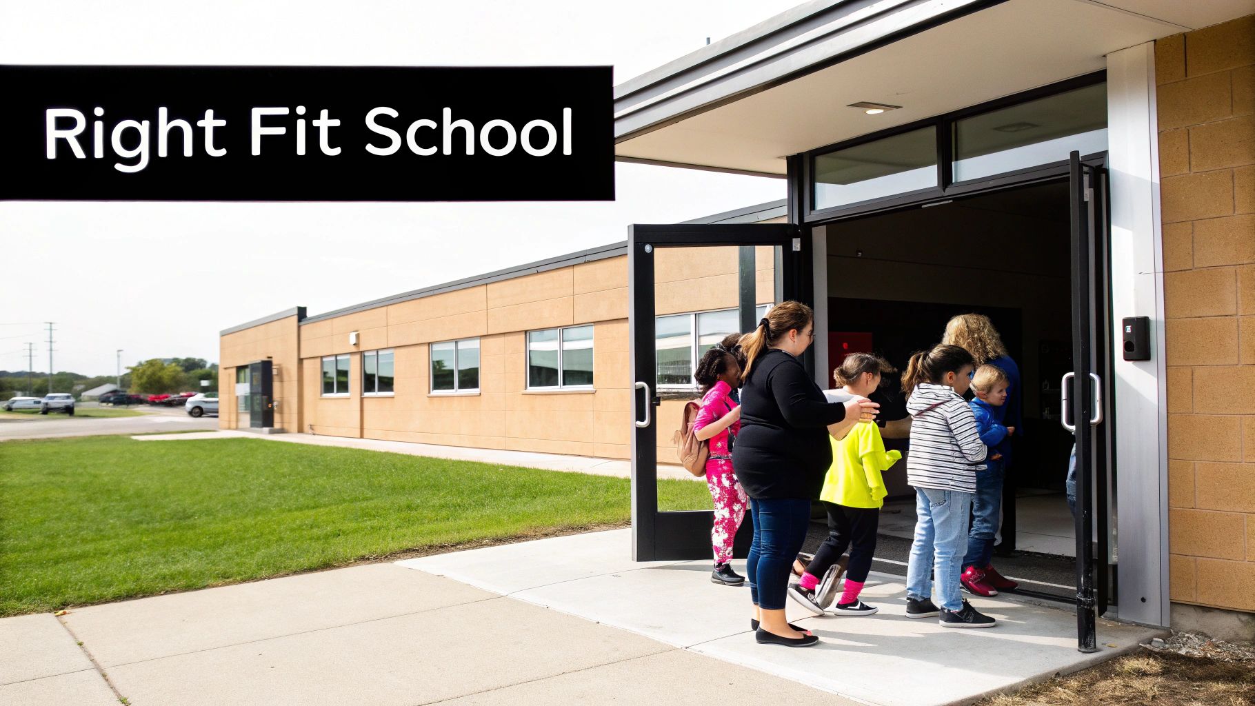 Group of children and adults entering 'Right Fit School' building with a green lawn.
