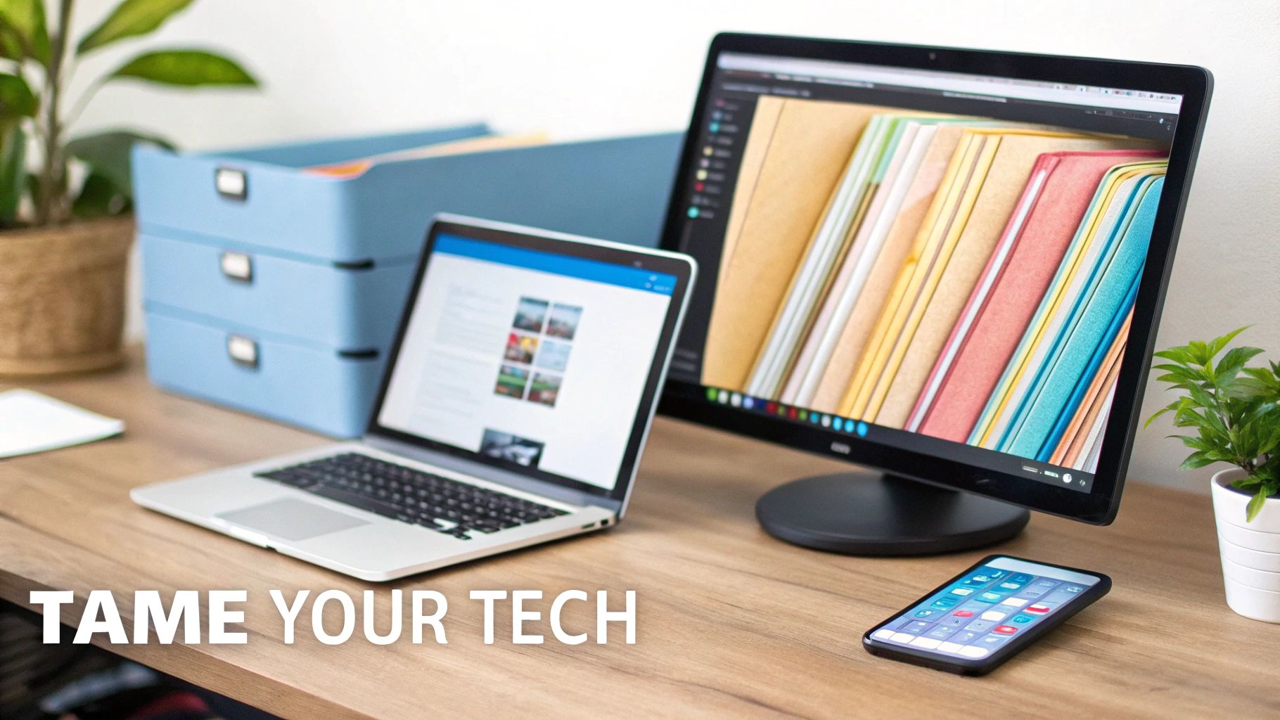 An organized home office desk with a laptop, external monitor, smartphone, and blue document trays.