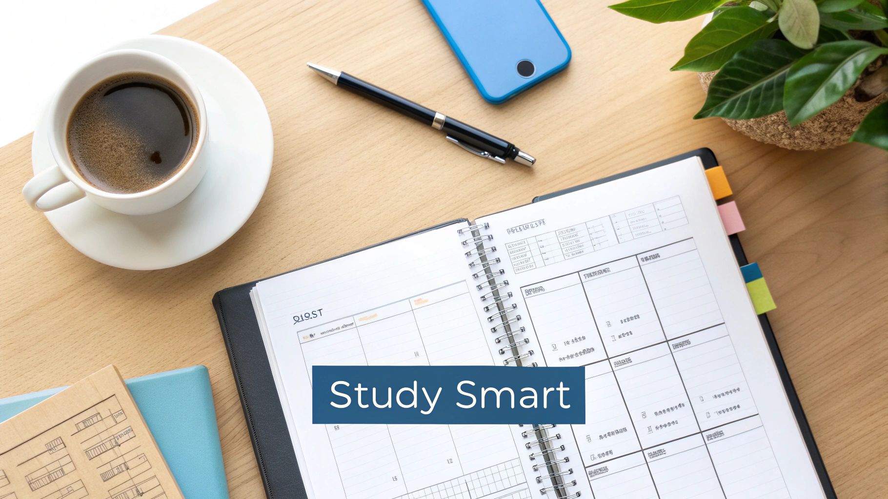Flat lay of a wooden desk with coffee, smartphone, pen, open planner, and a plant, promoting smart study.