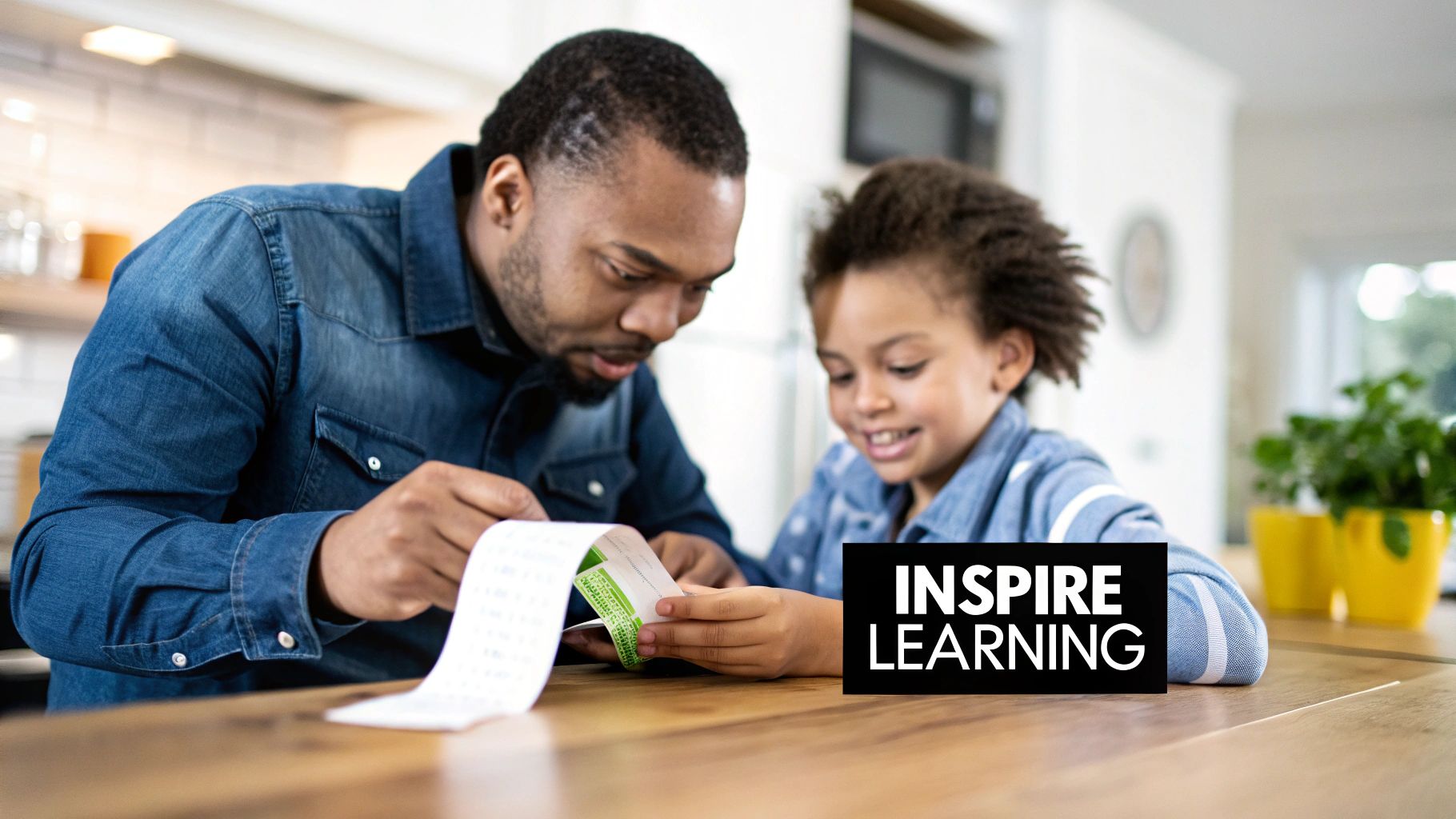 A father and son review a long receipt together, engaging in family learning at a wooden table.