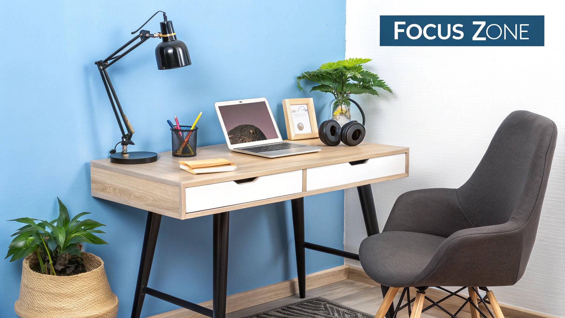 A cozy home office setup with a light wood desk, laptop, black lamp, plants, and a gray chair.