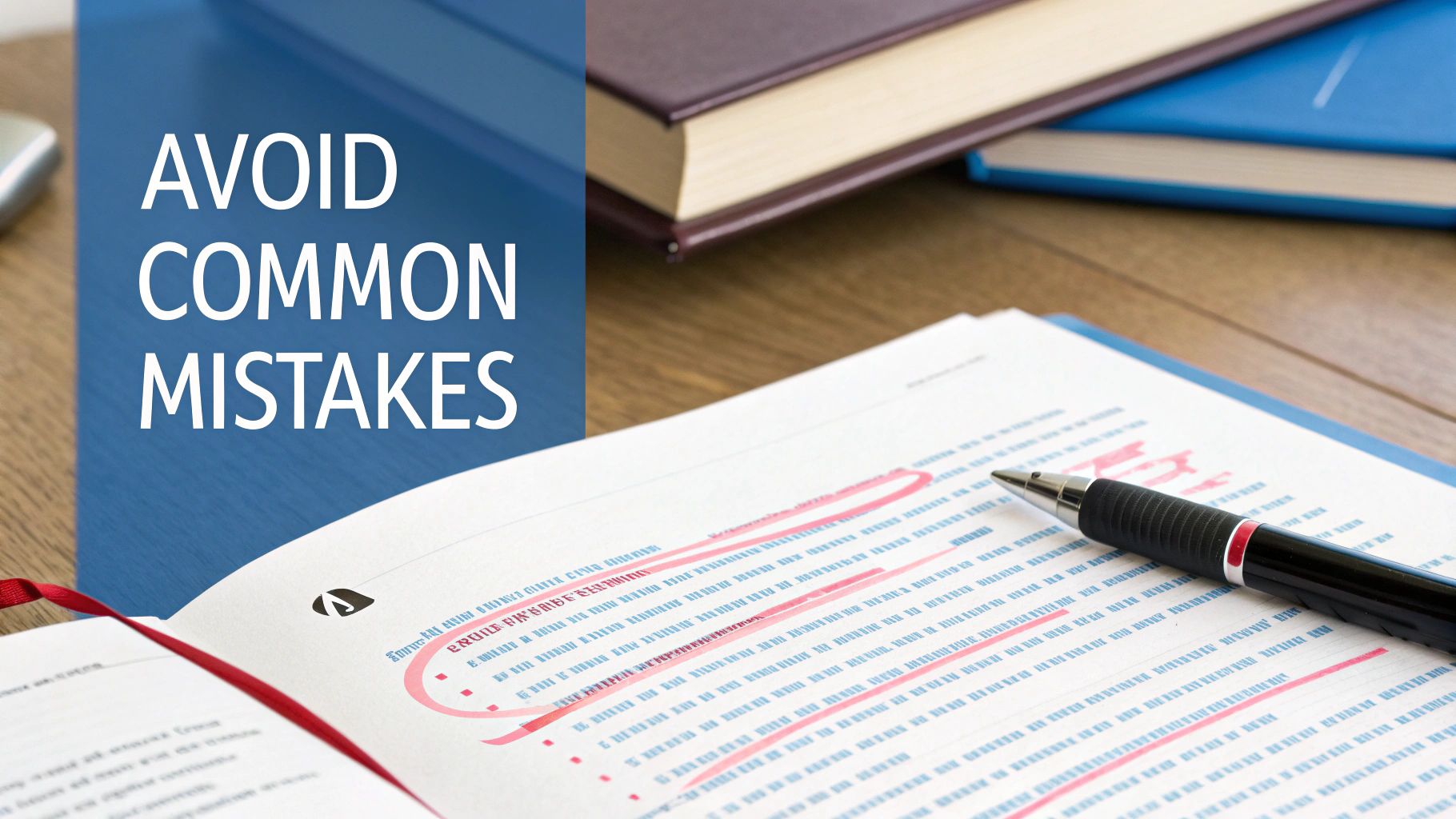 A pen rests on a document with red corrections, next to text reading 'AVOID COMMON MISTAKES'.