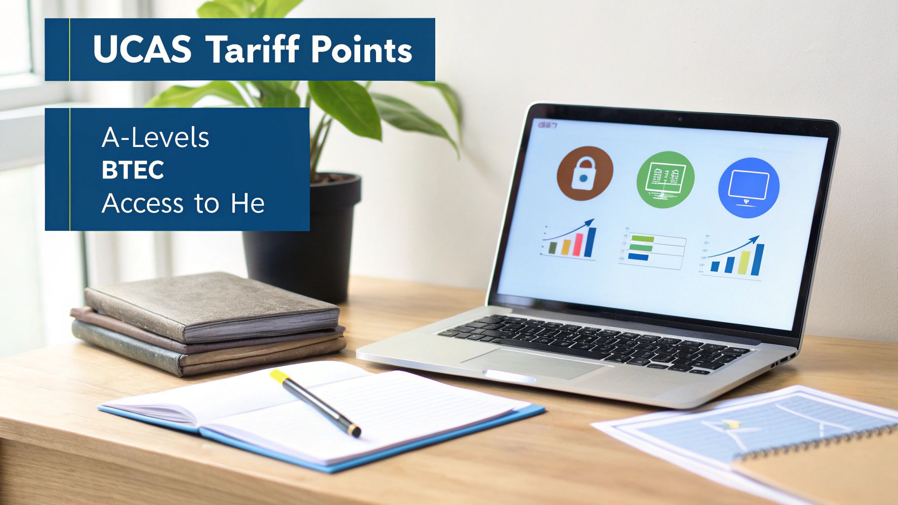UCAS Tariff Points information displayed on a laptop and notebooks on a wooden desk.