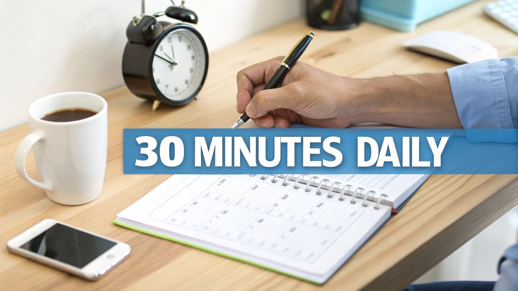 A hand writing in a planner on a wooden desk with a coffee mug, alarm clock, and phone, stating '30 MINUTES DAILY'.
