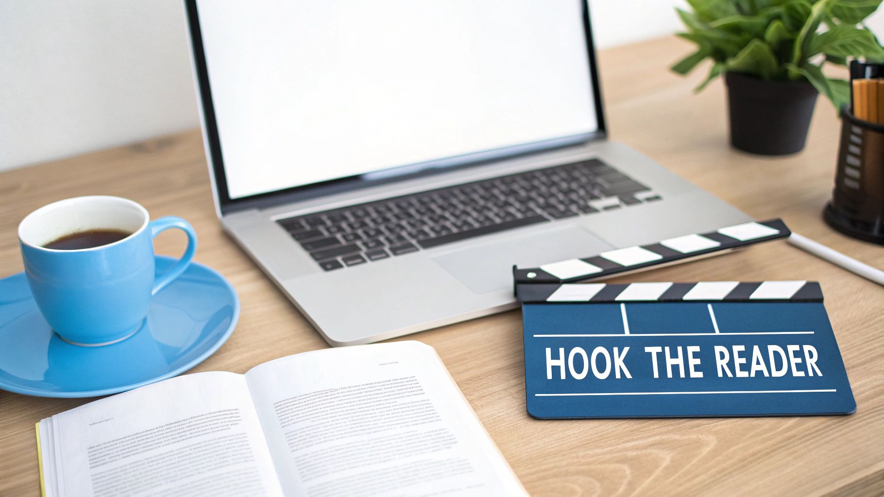 A writer's desk featuring a laptop, coffee cup, open book, and a clapboard saying 'HOOK THE READER'.