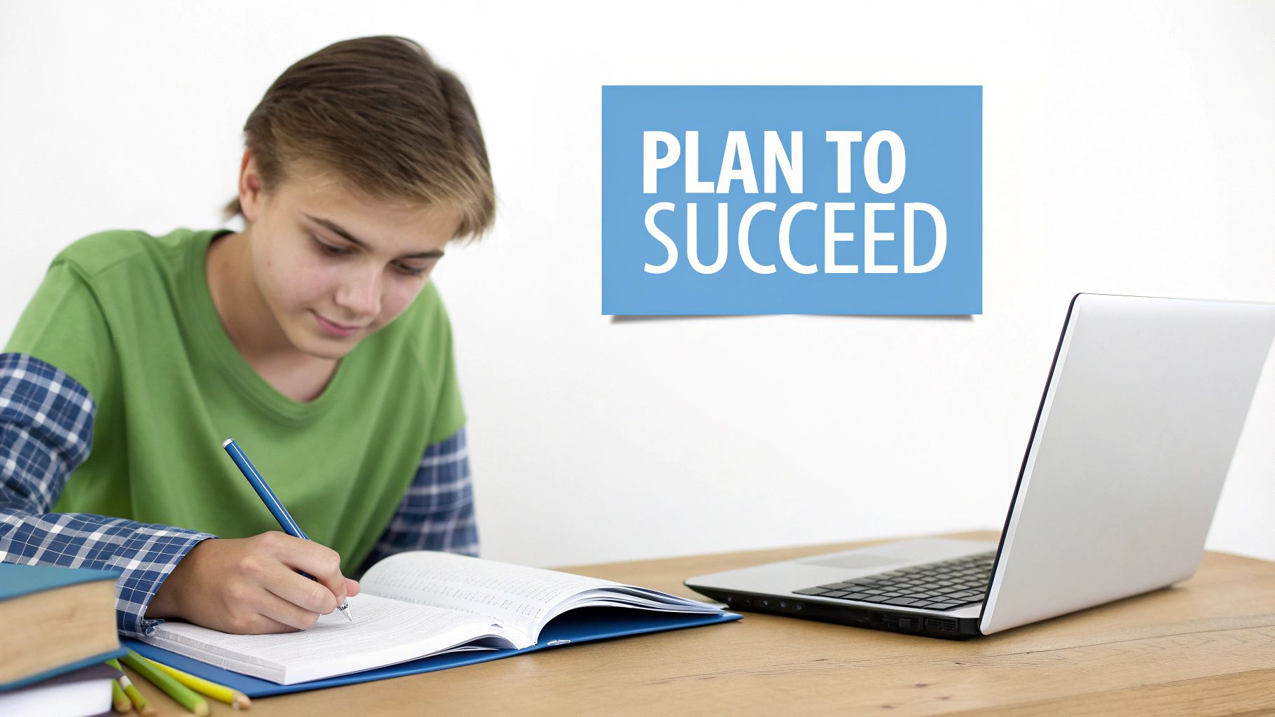 A young student writes in a notebook at a desk with a laptop, under a 'PLAN TO SUCCEED' sign.