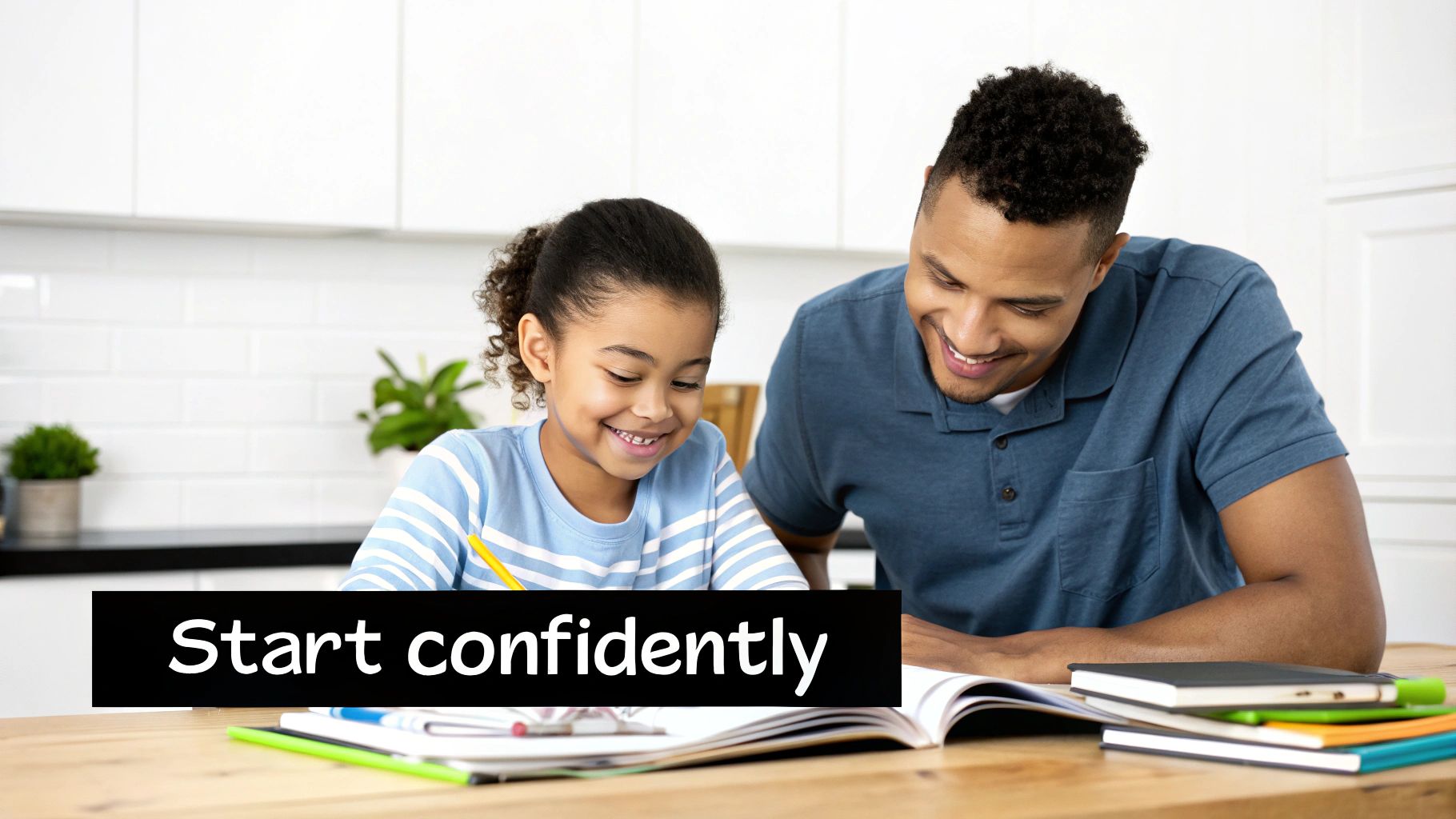 A smiling man and young girl learning at a table with books, promoting confidence.