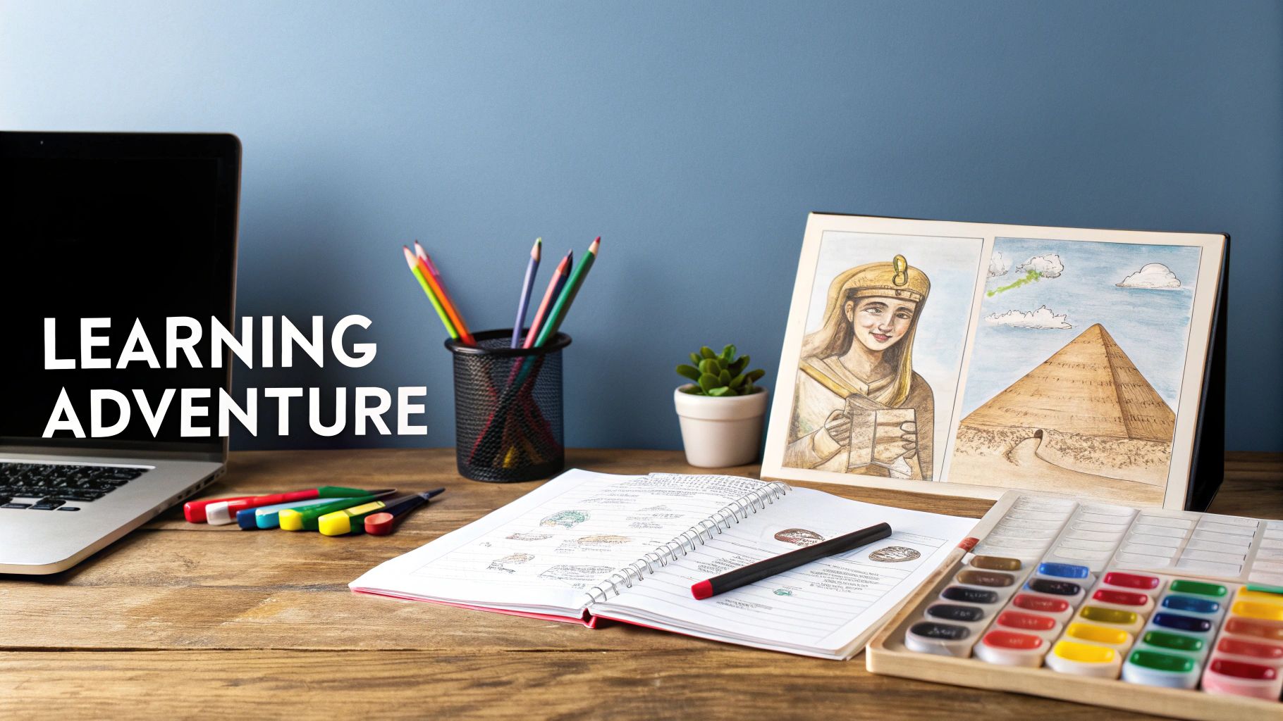 A child excitedly points at a colourful world map while a parent looks on, surrounded by books and art supplies.