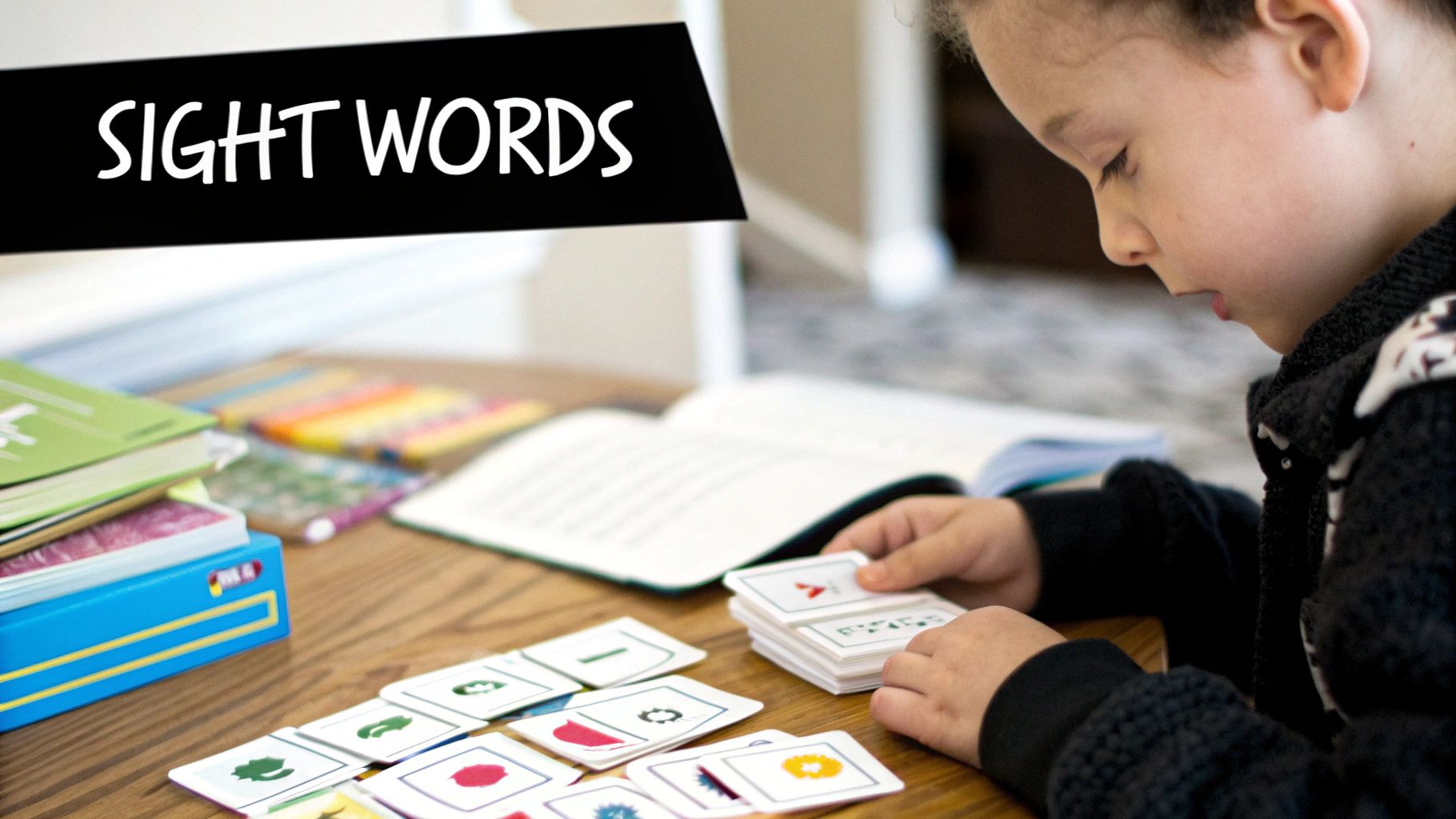 A child looking at a wall of familiar words on flashcards, trying to recognise them.