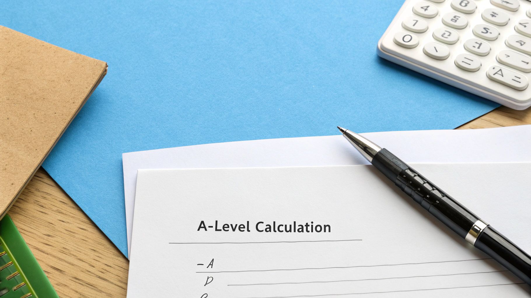 A-Level Calculation document with a pen, calculator, and other study materials on a blue background.