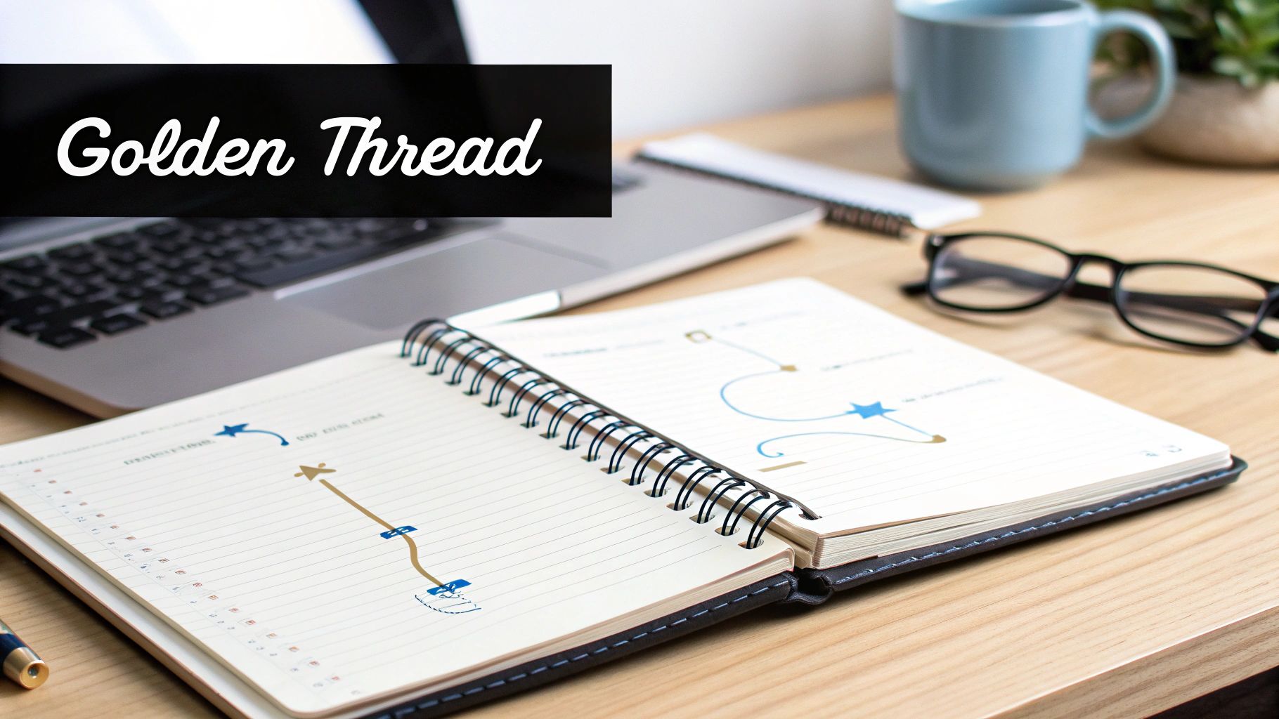 Golden Thread text overlay on desk workspace with notebook showing flowchart diagrams and planning