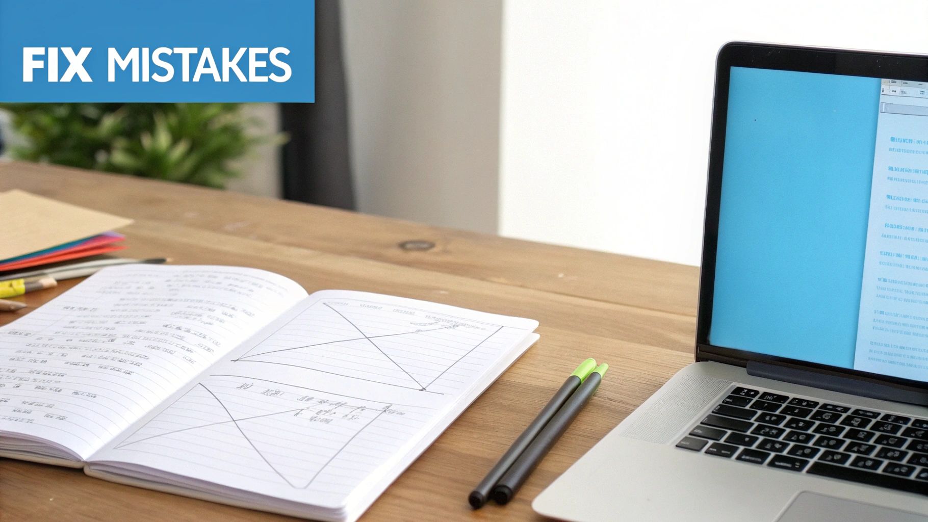 Workspace with an open notebook, pens, papers, and a laptop, under a 'FIX MISTAKES' banner.