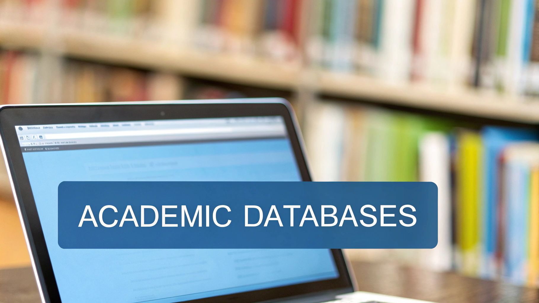 A laptop screen displaying 'ACADEMIC DATABASES' text, with blurred bookshelves in the background.