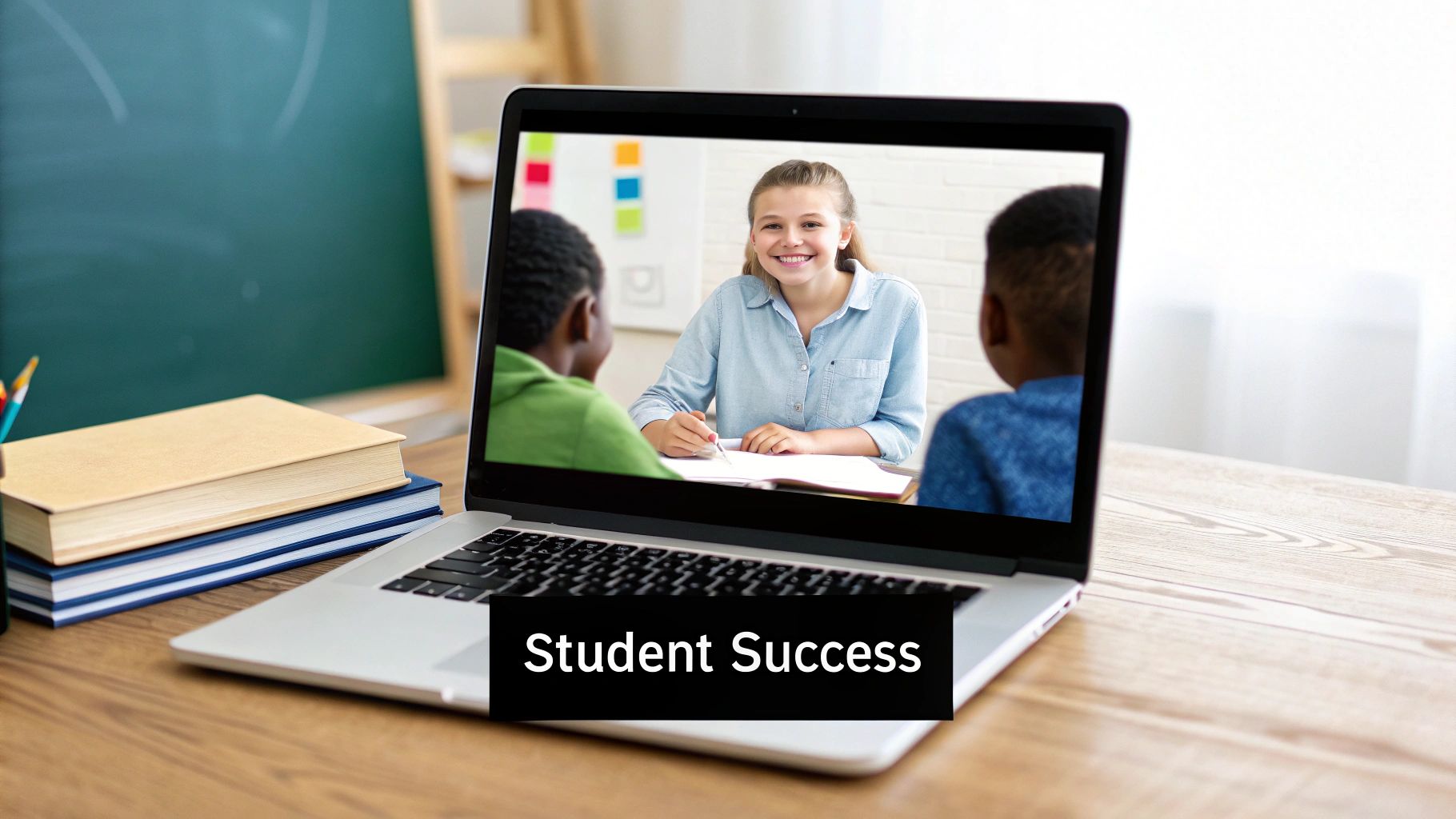 A teacher engages with a student during an online English lesson, showing a supportive and personalized learning environment.