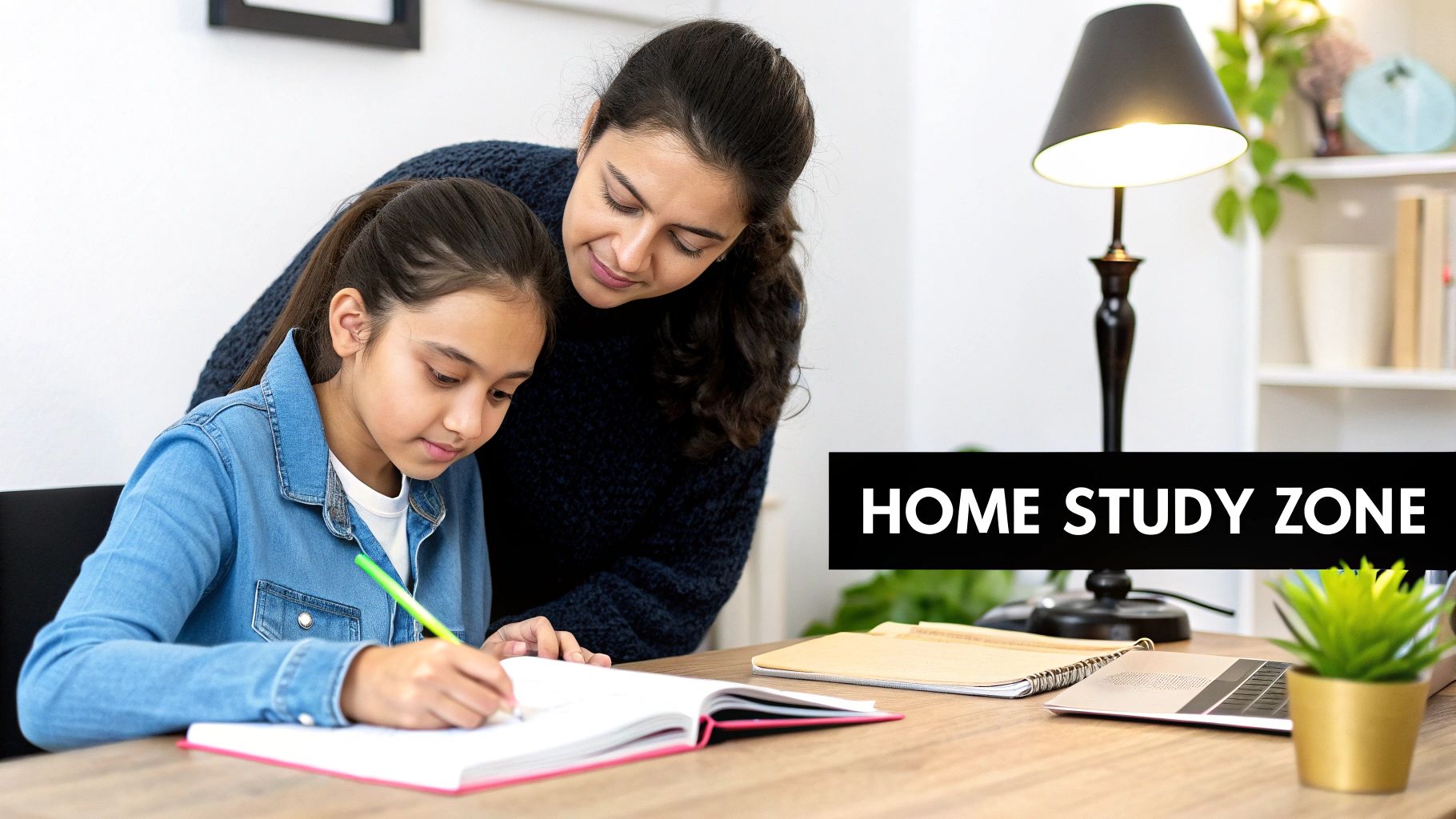 A parent and child discussing schoolwork in a positive home environment.