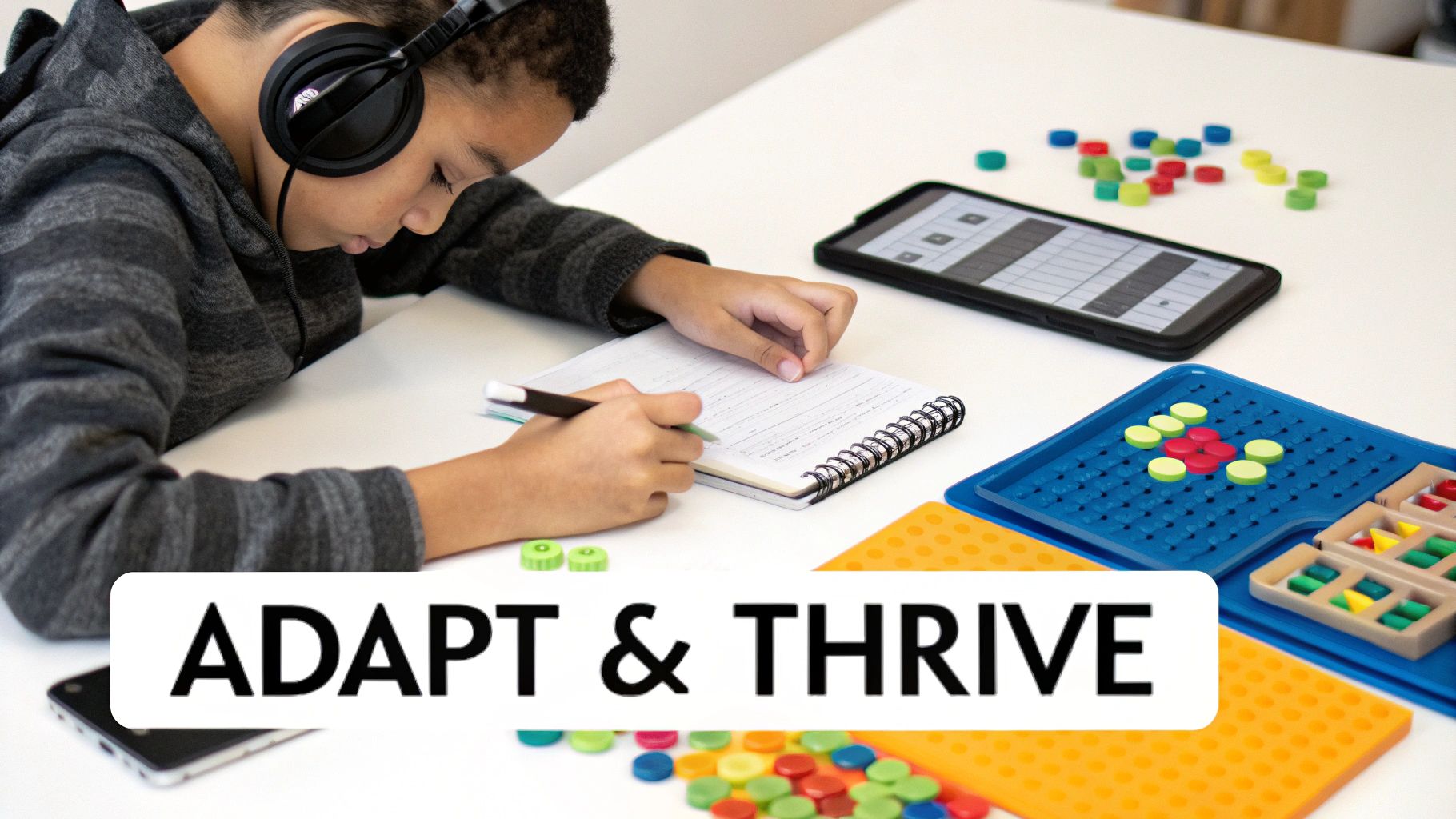 A young boy with headphones writes in a notebook on a table with educational games.