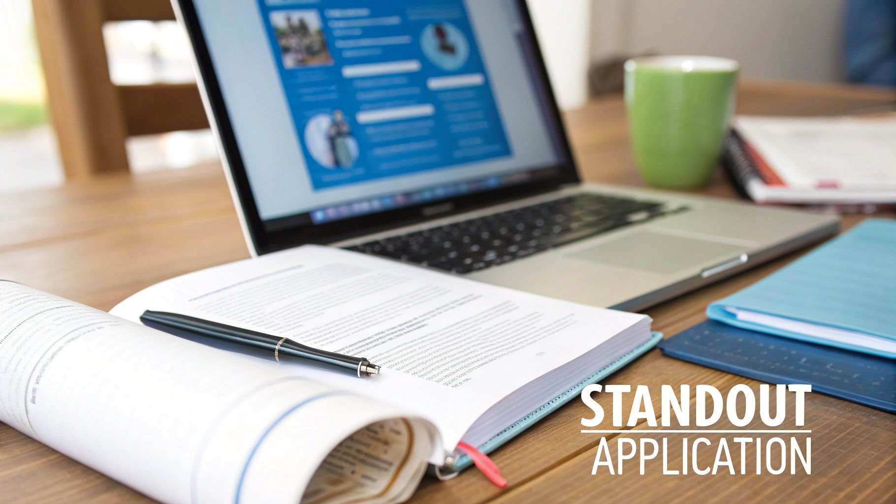A laptop, open book, and pen on a wooden desk, with 'STANDOUT APPLICATION' text.