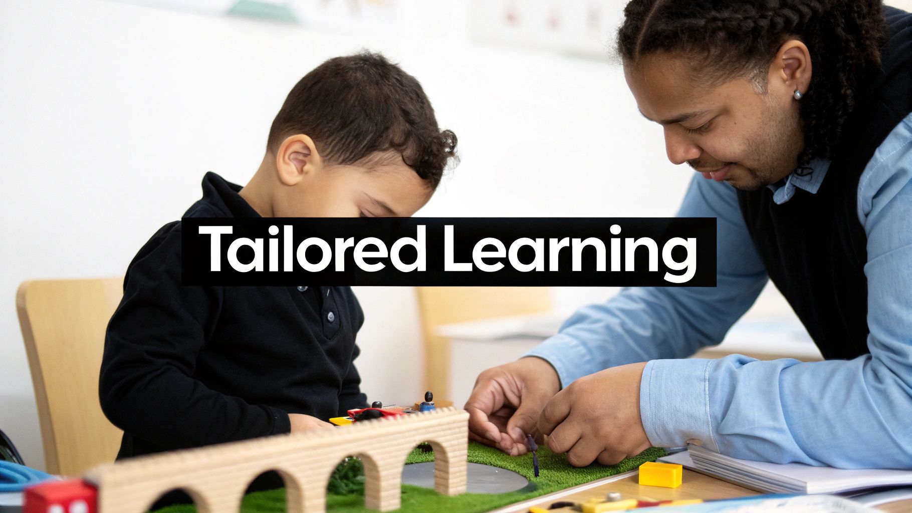 An adult and child collaborate on a toy train set and bridge, illustrating personalized educational support.