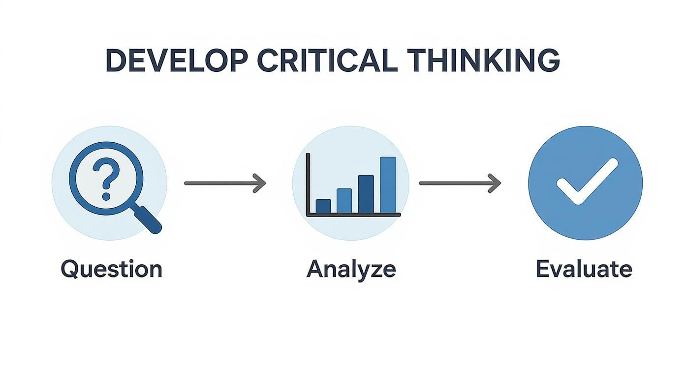 A diagram illustrating the three-step process for developing critical thinking: Question, Analyze, and Evaluate.