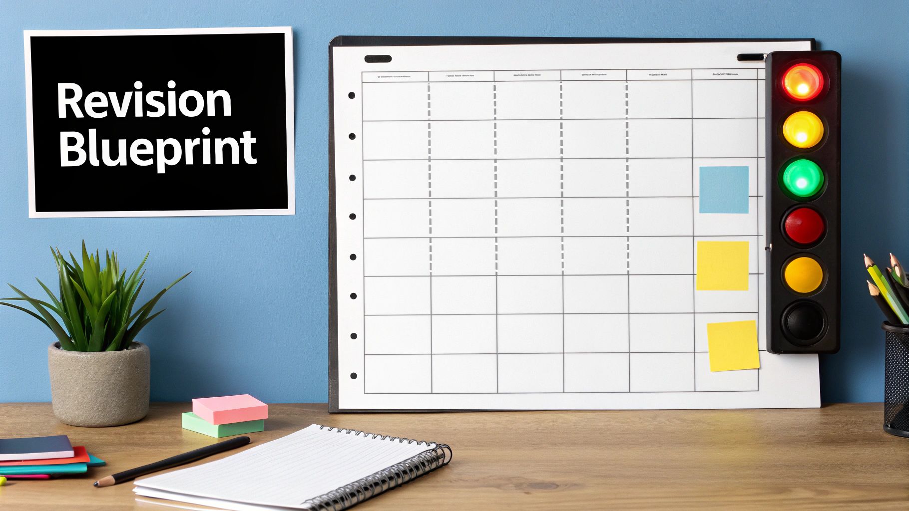 A study desk with a 'Revision Blueprint' sign, planner, traffic light, plant, and stationery, ready for revision.