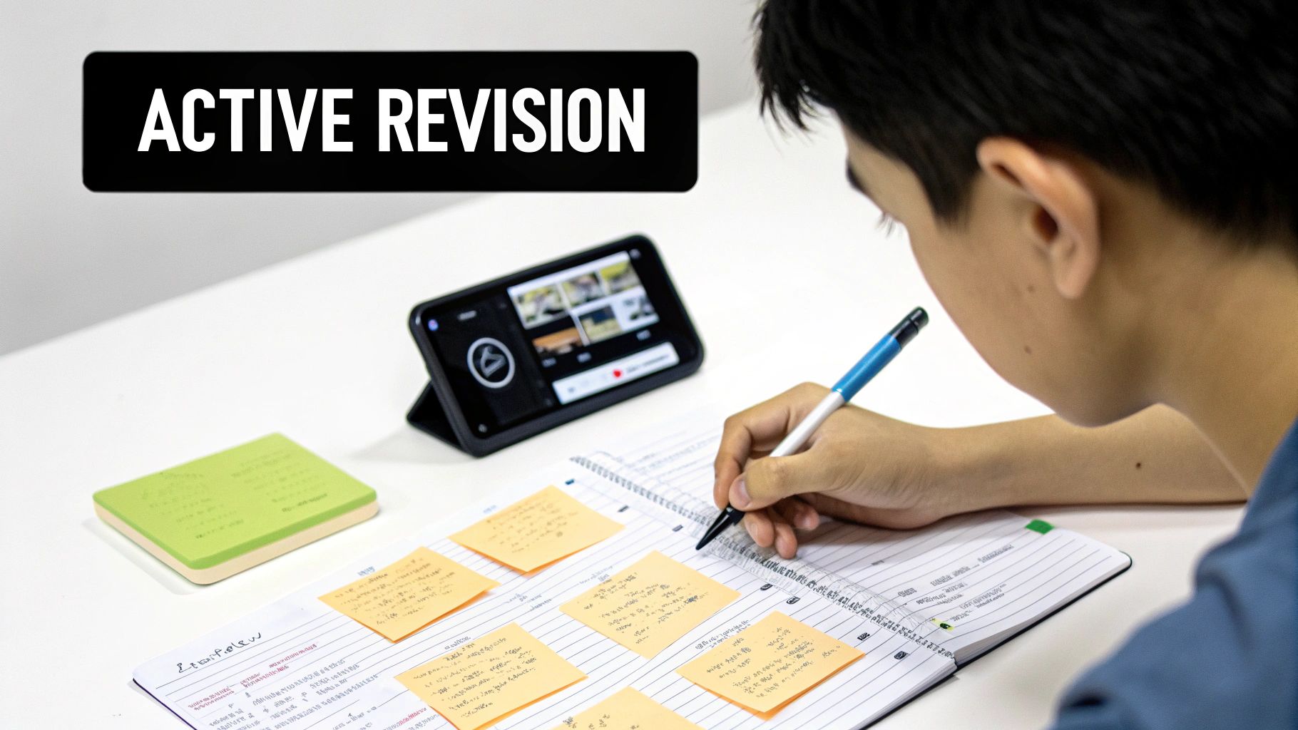 A student practices active revision, writing notes and using sticky notes while watching content on a smartphone.