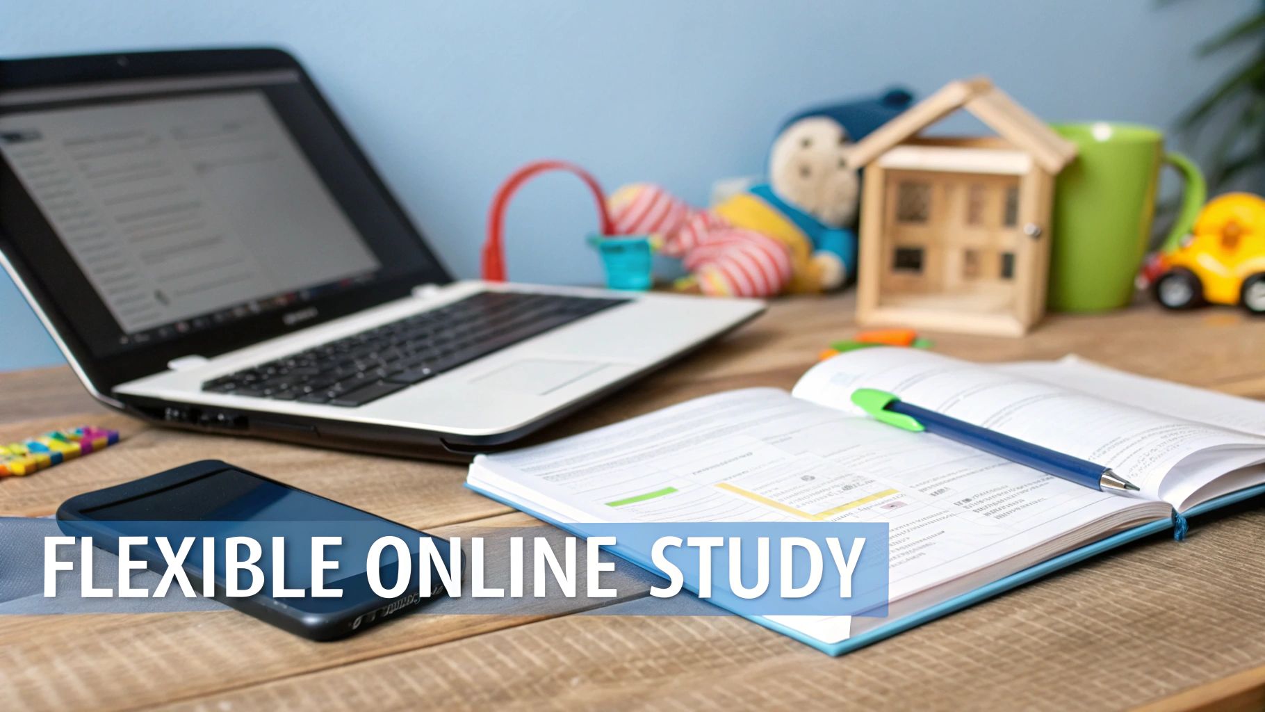 A home desk with a laptop, open textbook, smartphone, and kids' toys in the background, promoting flexible online study.
