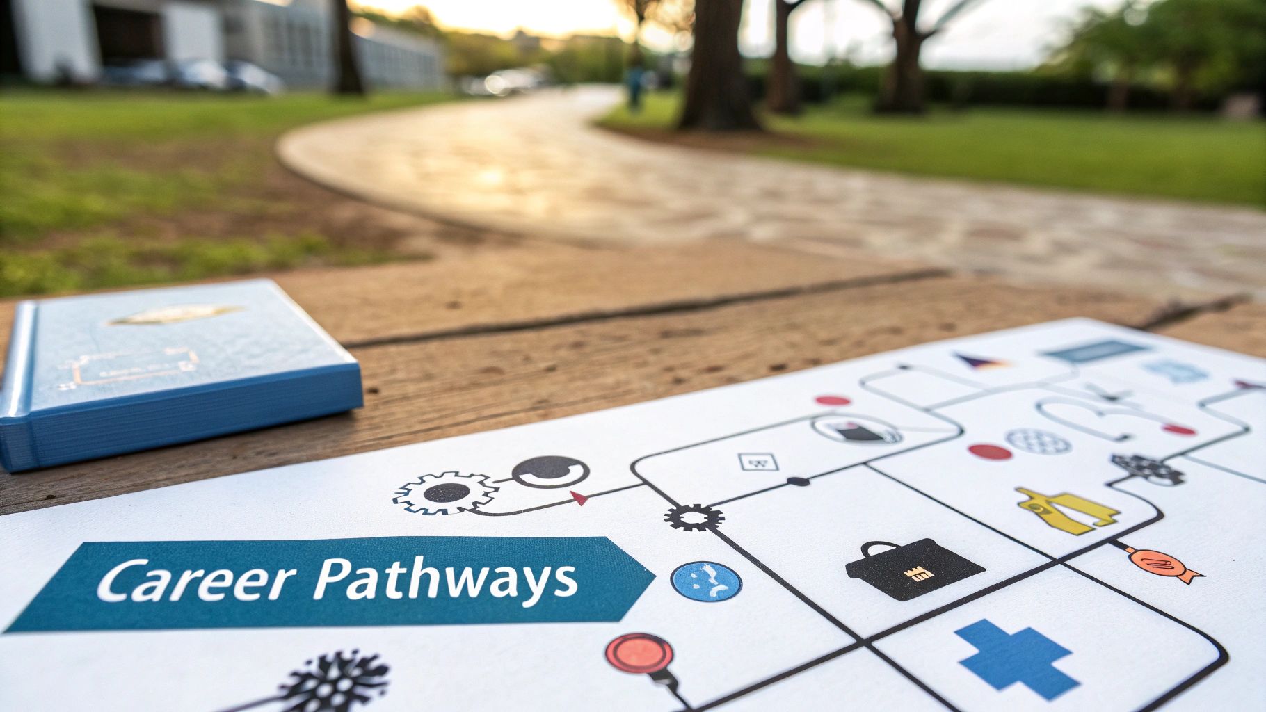 A person at a crossroads in a forest, considering different paths, symbolising career choices.