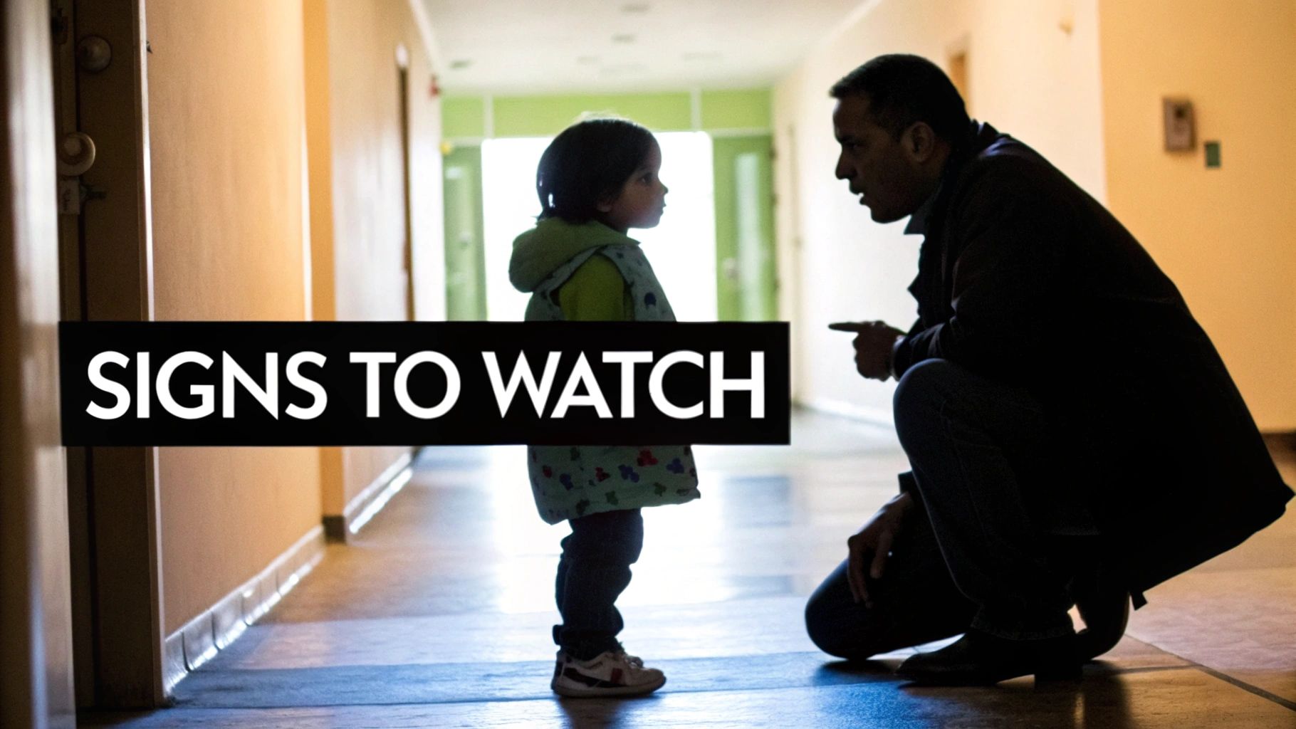 Silhouetted man crouches, pointing at a child in a hallway, with 'SIGNS TO WATCH' text.
