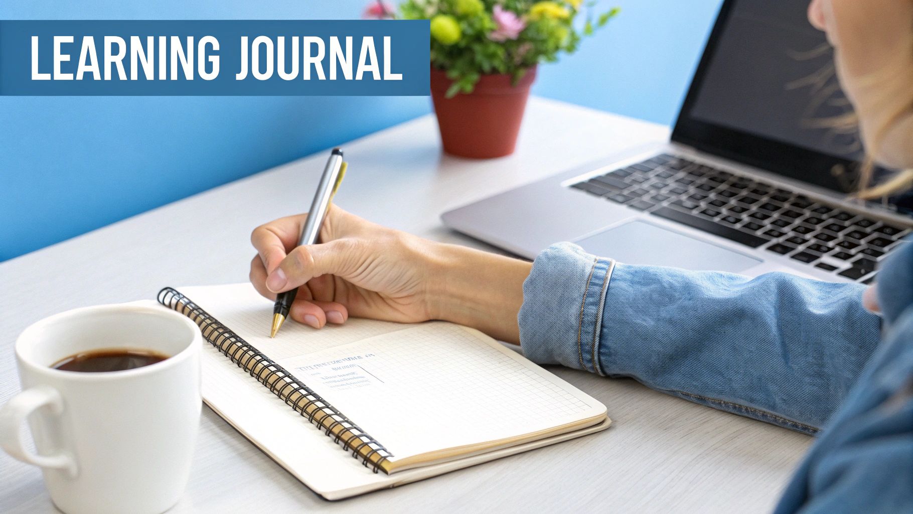 A person writes in a spiral notebook, next to a coffee cup and laptop, with "LEARNING JOURNAL" text.