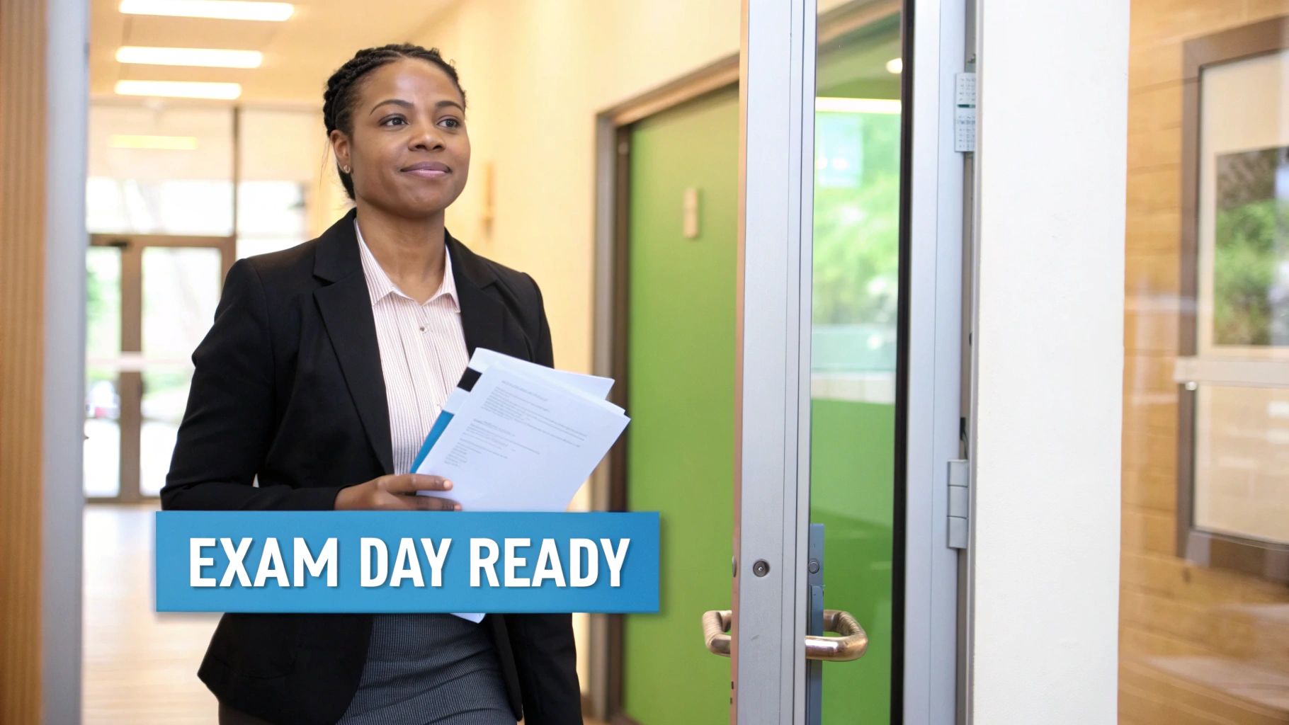 A confident Black woman in professional attire walks down a hallway, holding papers, ready for her exam.
